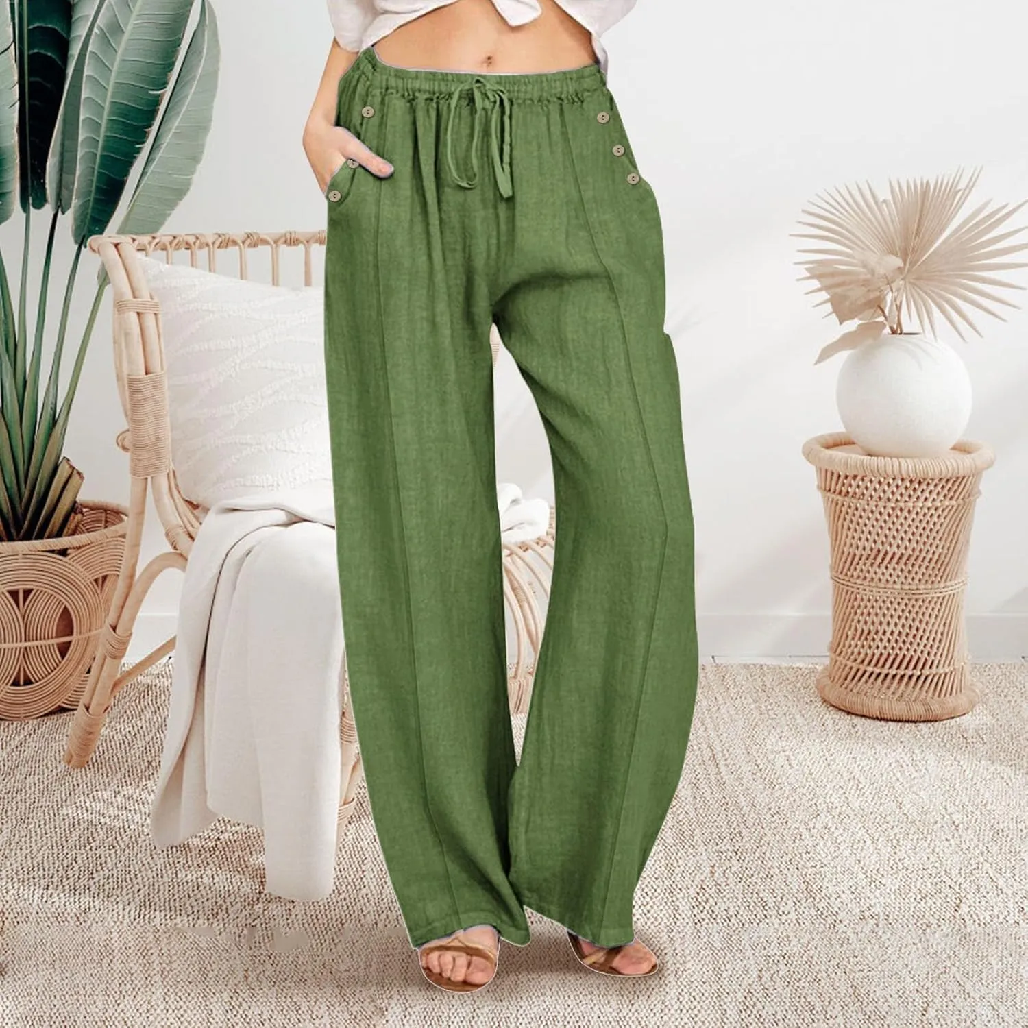 Linen Pants for Women Summer Elastic Waisted Wide Leg Palazzo Drawsting Pants Loose Beach Vacation Trousers