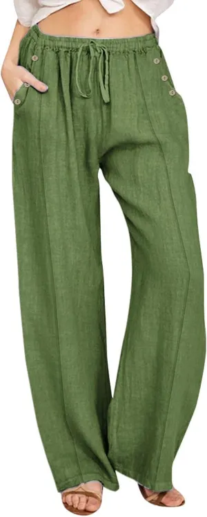 Linen Pants for Women Summer Elastic Waisted Wide Leg Palazzo Drawsting Pants Loose Beach Vacation Trousers