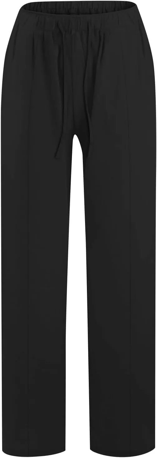 Linen Pants for Women Summer Solid Elastic Waist Wide Leg Loose Casual Vacation Beach Palazzo Pants with Pockets