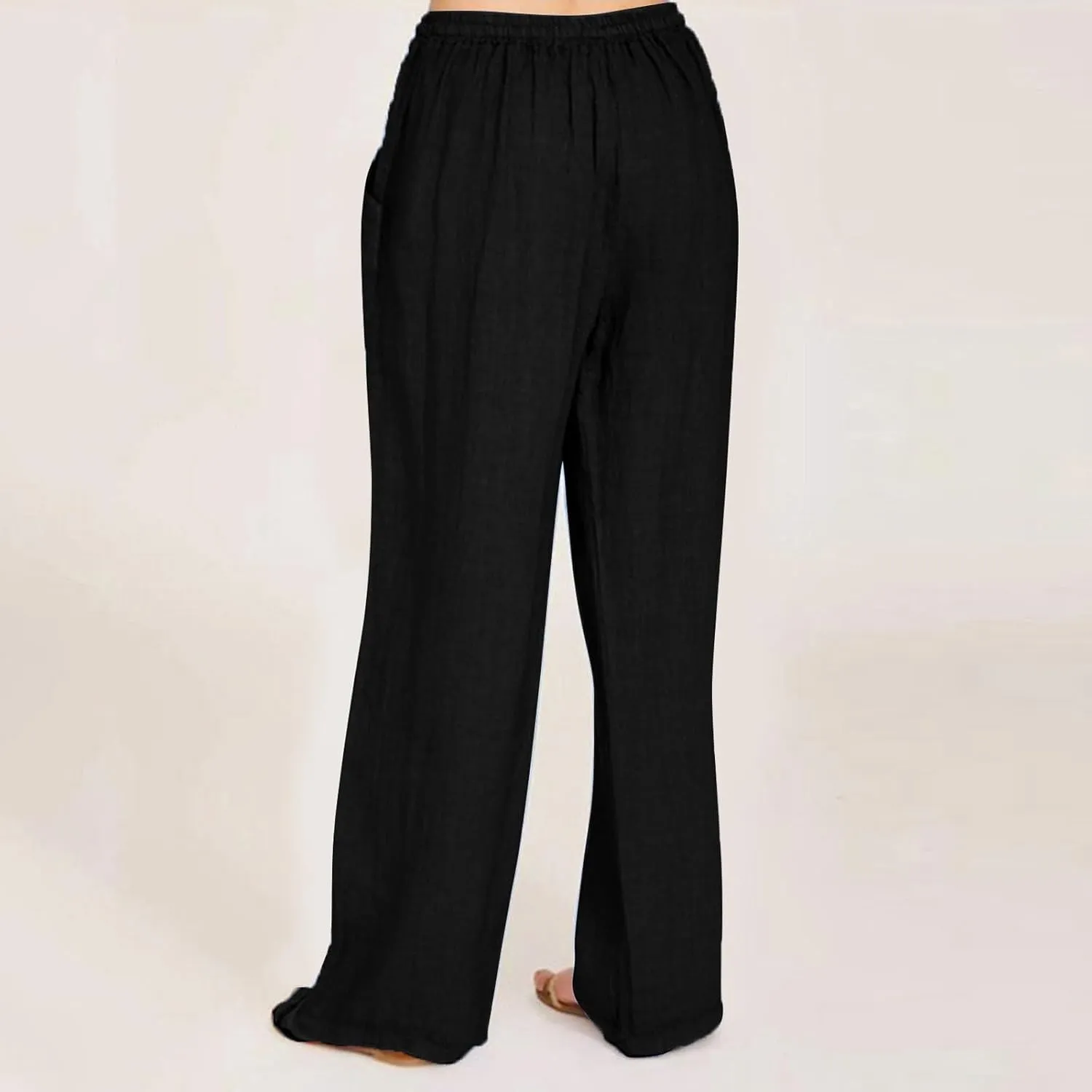 Linen Pants for Women Summer Solid Elastic Waist Wide Leg Loose Casual Vacation Beach Palazzo Pants with Pockets
