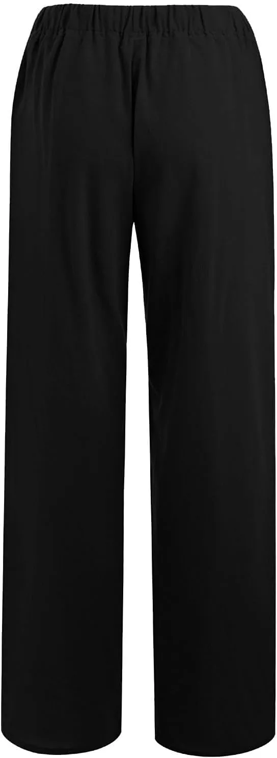 Linen Pants for Women Summer Solid Elastic Waist Wide Leg Loose Casual Vacation Beach Palazzo Pants with Pockets