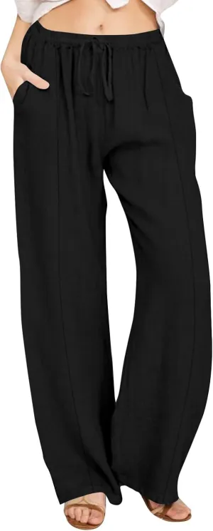 Linen Pants for Women Summer Solid Elastic Waist Wide Leg Loose Casual Vacation Beach Palazzo Pants with Pockets