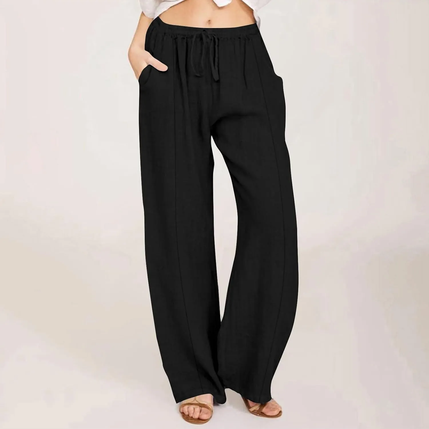 Linen Pants for Women Summer Solid Elastic Waist Wide Leg Loose Casual Vacation Beach Palazzo Pants with Pockets