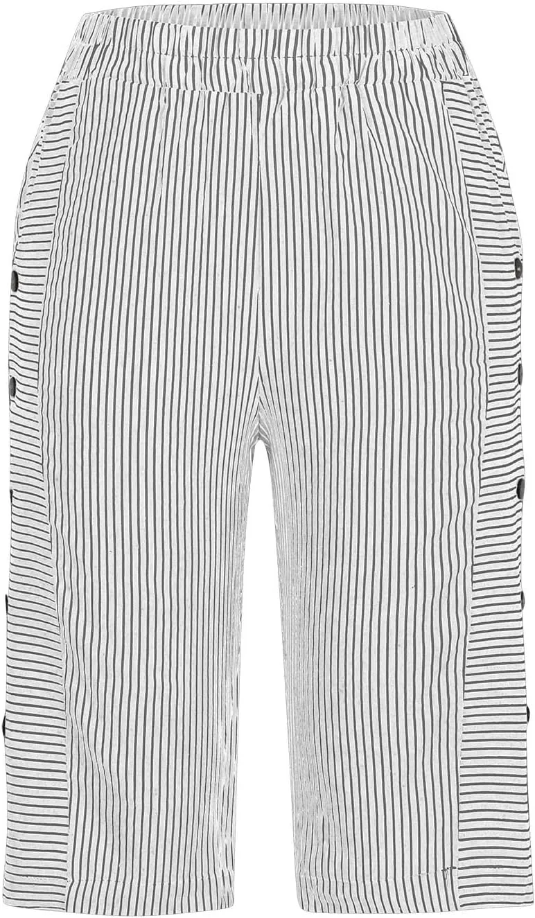 Linen Pants Women Capri Elastic Waist Cropped Trousers with Pockets Casual Summer Capri Pants Ladies Hiking Capris