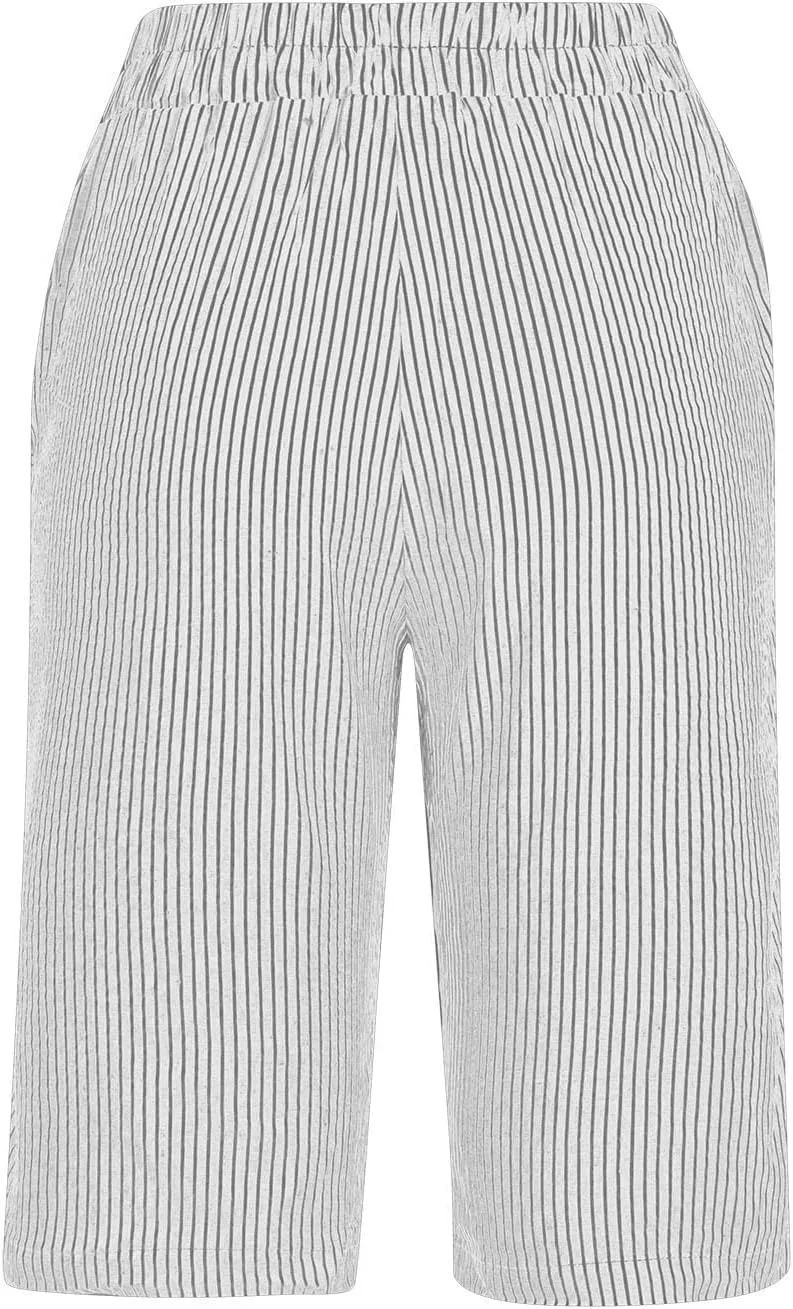Linen Pants Women Capri Elastic Waist Cropped Trousers with Pockets Casual Summer Capri Pants Ladies Hiking Capris