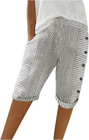 Linen Pants Women Capri Elastic Waist Cropped Trousers with Pockets Casual Summer Capri Pants Ladies Hiking Capris