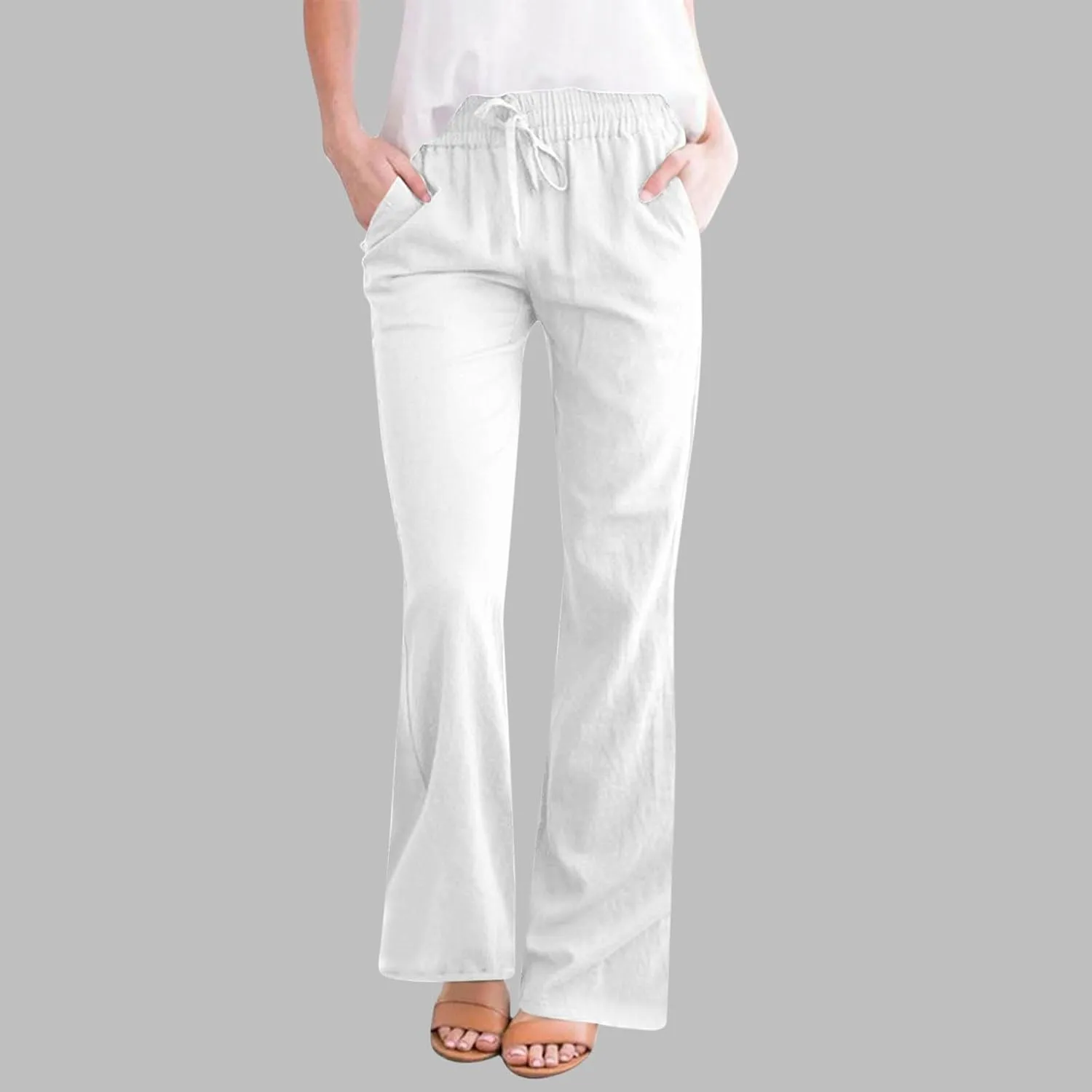 Linen Pants Women Casual Linen High Waist Pants Vacation Travel Pants Drawstring Loose Summer Trousers with Pockets