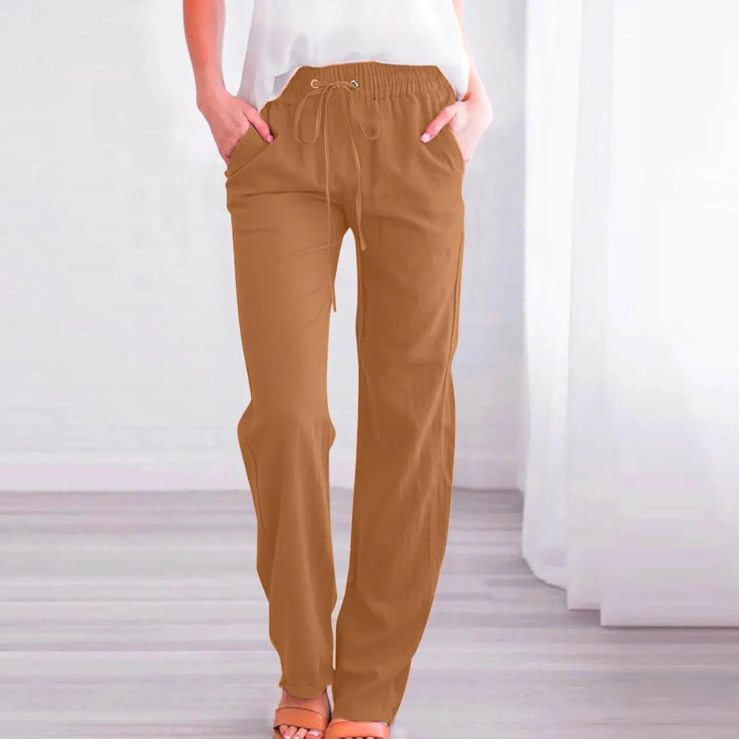 Linen Pants Women Casual Straight Leg Pants High Waist Drawstring Loose Fit Summer Pants Trousers with Pocket