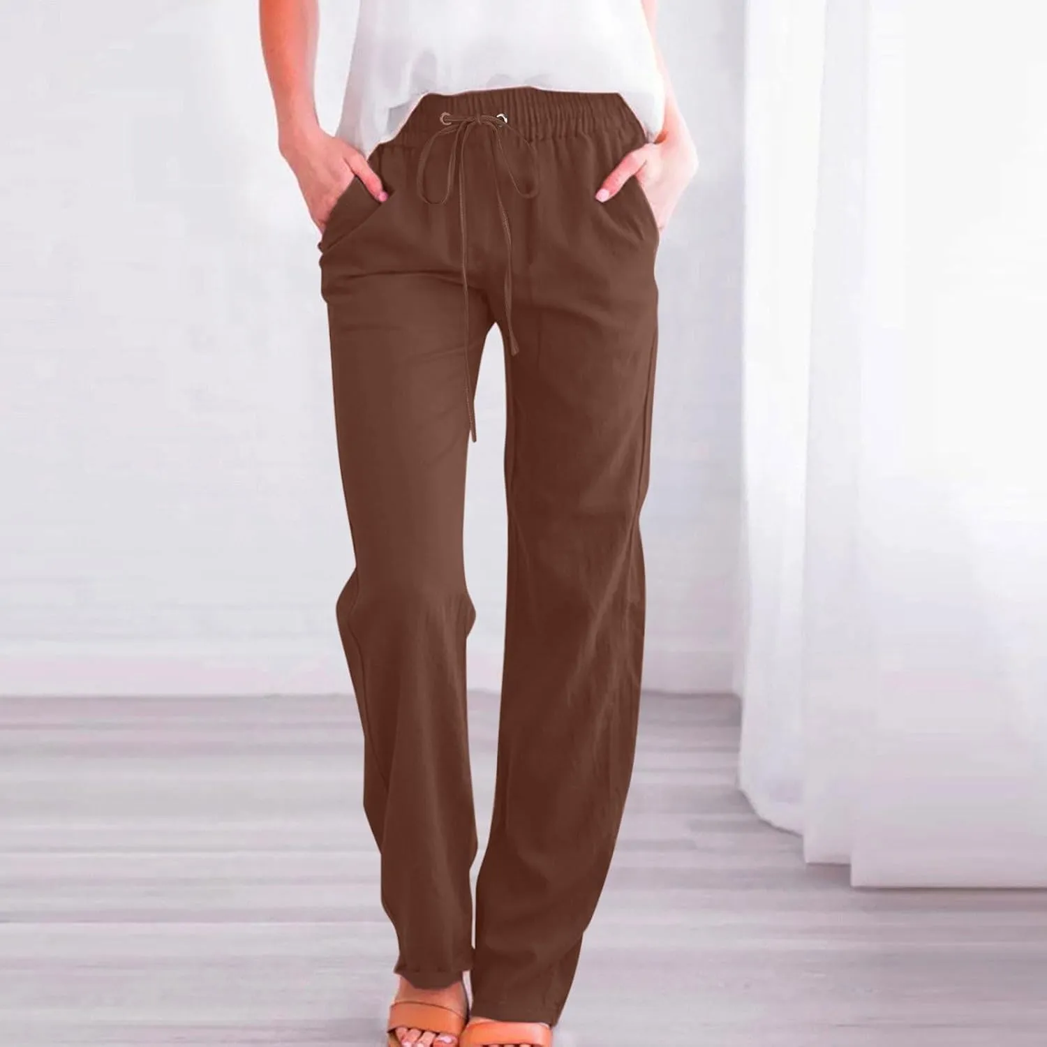 Linen Pants Women Casual Straight Leg Pants High Waist Drawstring Loose Fit Summer Pants Trousers with Pocket