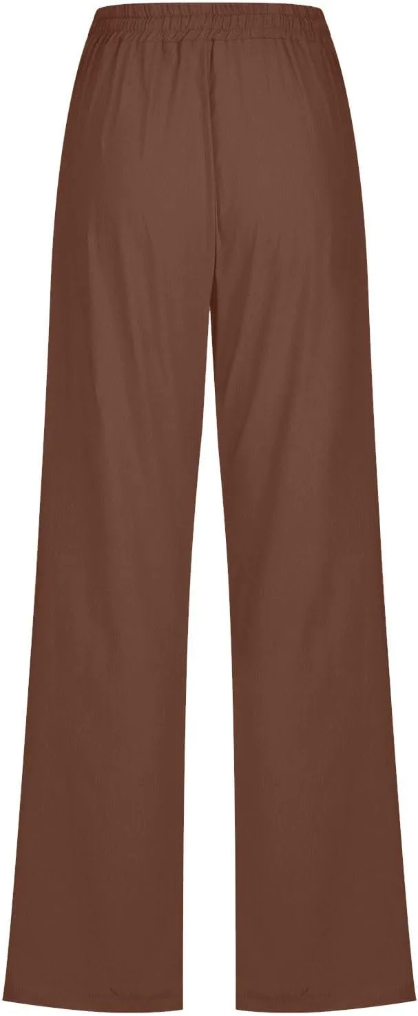 Linen Pants Women Casual Straight Leg Pants High Waist Drawstring Loose Fit Summer Pants Trousers with Pocket