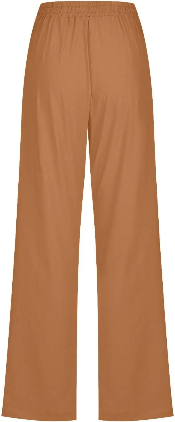 Linen Pants Women Casual Straight Leg Pants High Waist Drawstring Loose Fit Summer Pants Trousers with Pocket