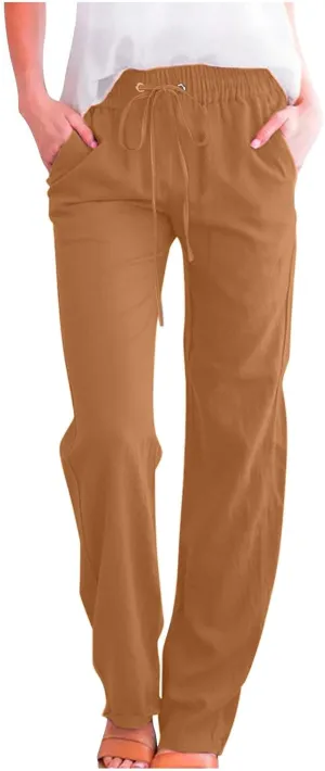 Linen Pants Women Casual Straight Leg Pants High Waist Drawstring Loose Fit Summer Pants Trousers with Pocket