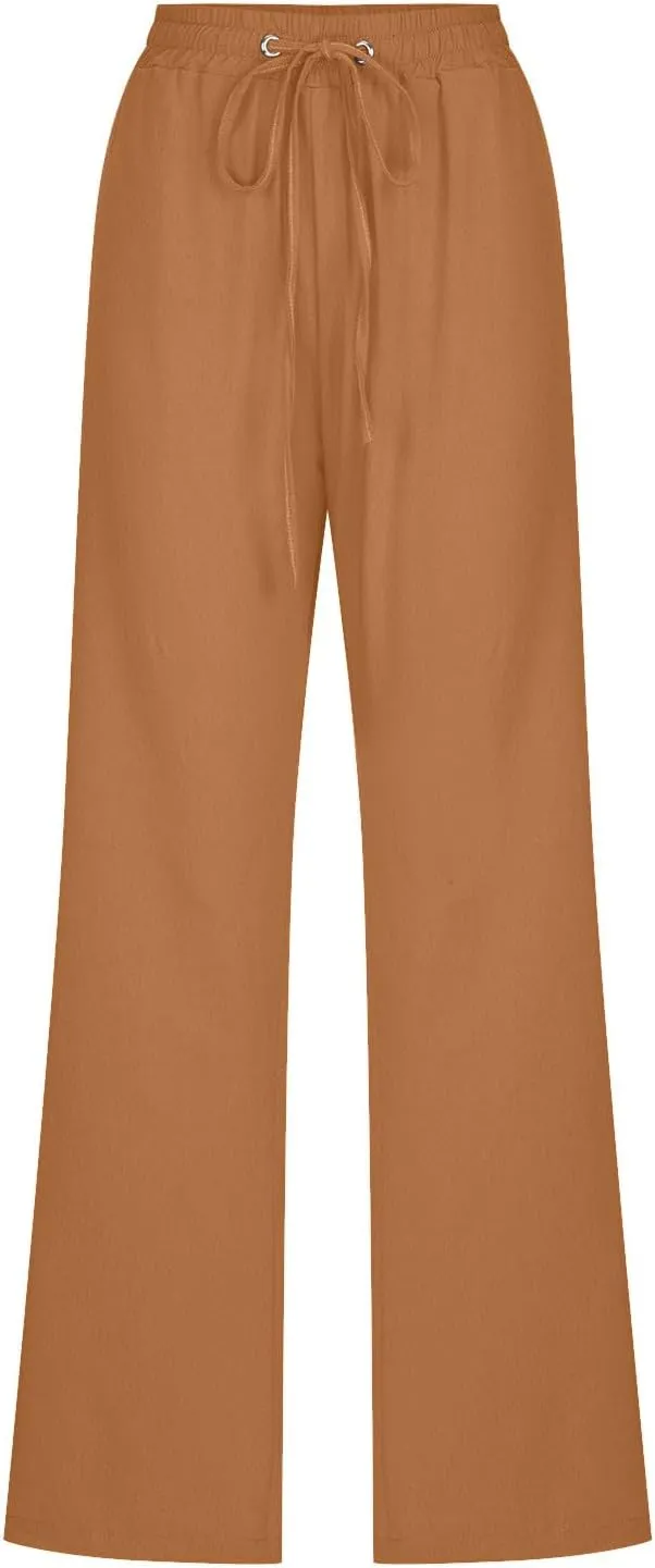 Linen Pants Women Casual Straight Leg Pants High Waist Drawstring Loose Fit Summer Pants Trousers with Pocket