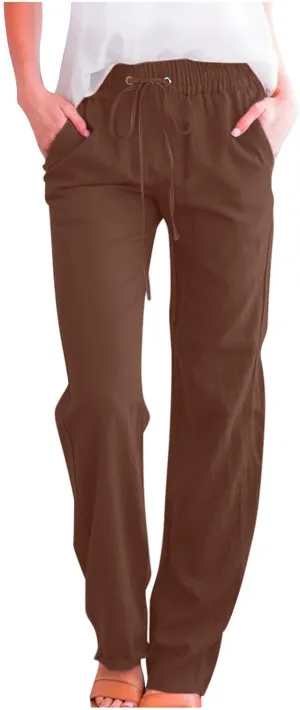 Linen Pants Women Casual Straight Leg Pants High Waist Drawstring Loose Fit Summer Pants Trousers with Pocket