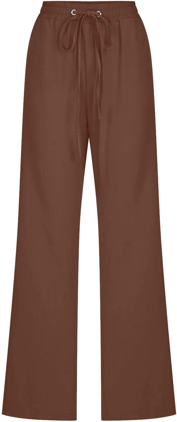 Linen Pants Women Casual Straight Leg Pants High Waist Drawstring Loose Fit Summer Pants Trousers with Pocket