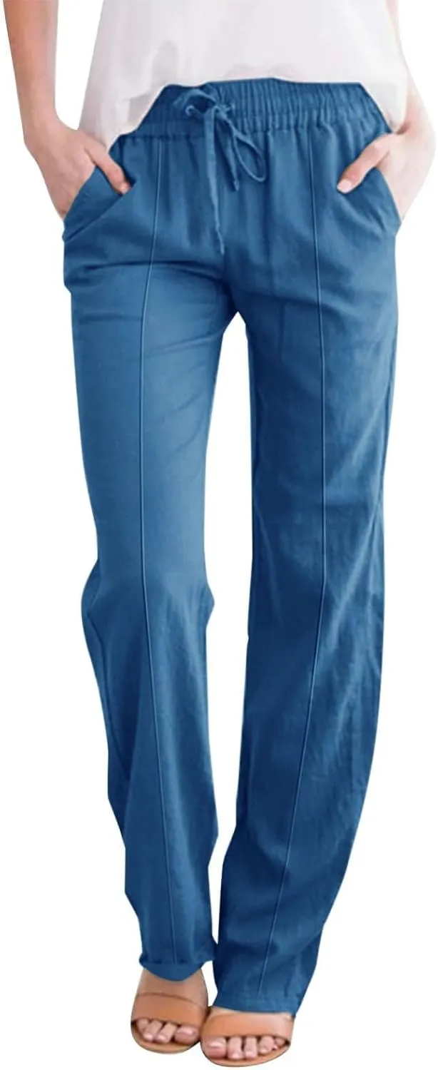 Linen Pants Women Casual Summer Beach Loose Elastic High Waisted Drawstring Lounge Straight Leg Pants with Pockets
