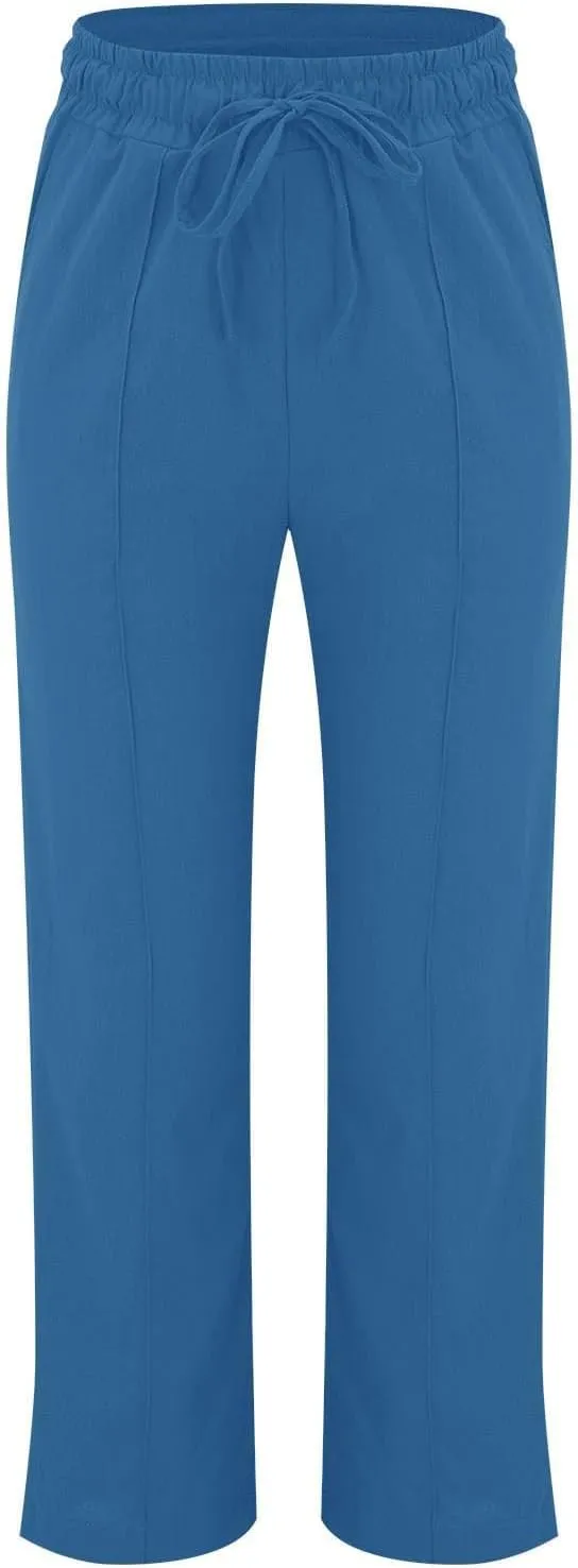 Linen Pants Women Casual Summer Beach Loose Elastic High Waisted Drawstring Lounge Straight Leg Pants with Pockets
