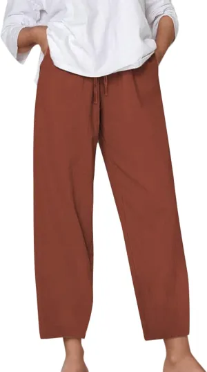 Linen Pants Women Casual Summer Loose Solid Color Boho Plus Size High Waisted Linen Pants Straight Trousers with Pockets