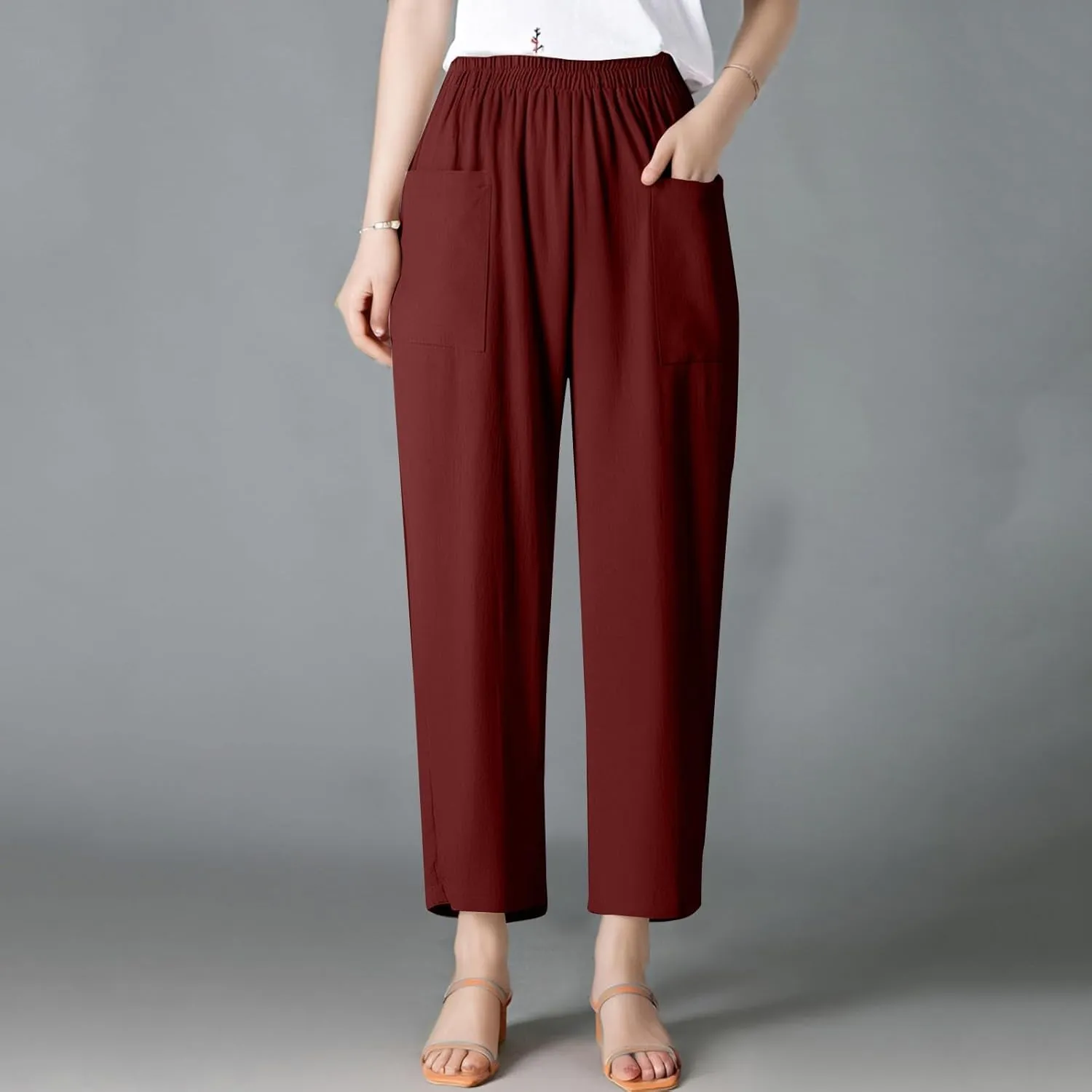 Linen Pants Women Casual Summer Wide Leg Pants High Waisted Trousers Lightweight Palazzo Pant with Pockets (S-2Xl)