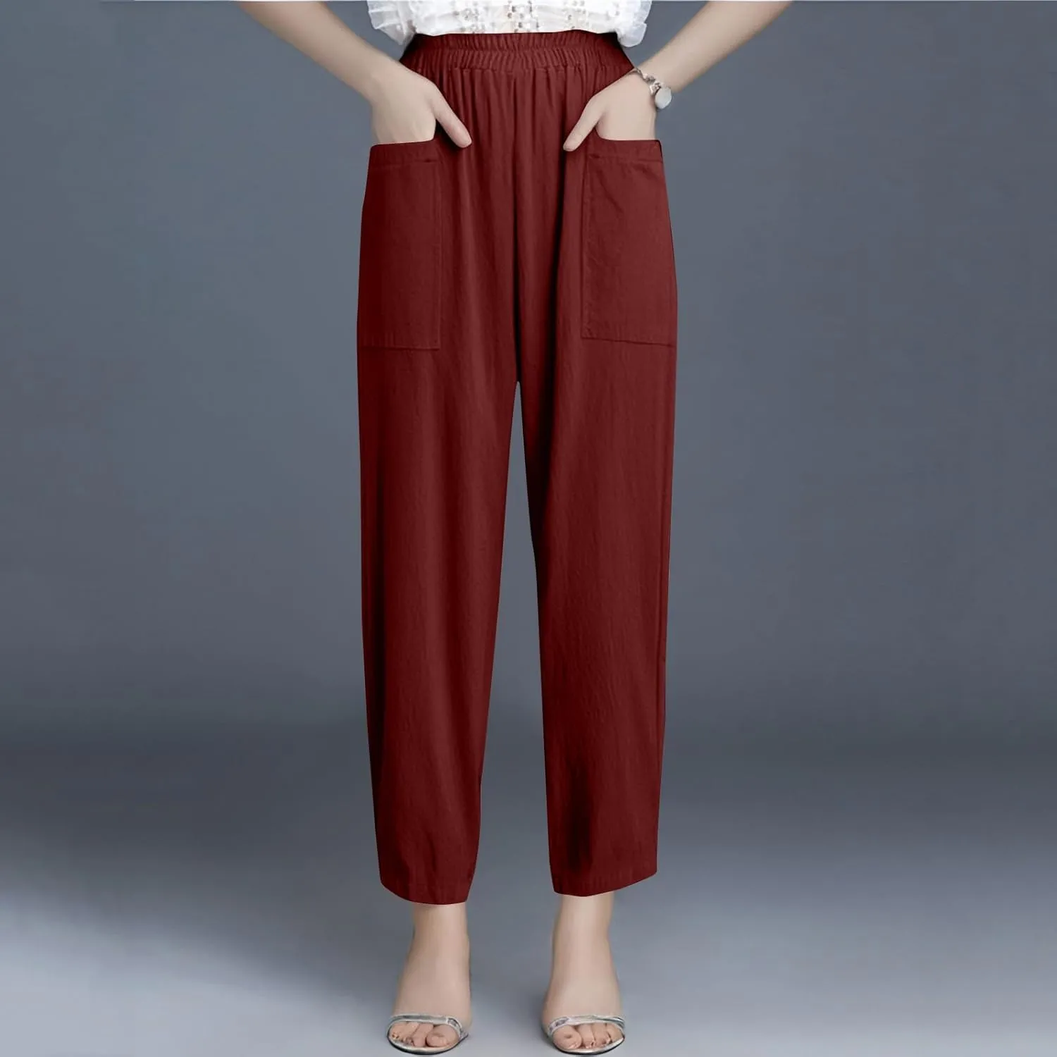 Linen Pants Women Casual Summer Wide Leg Pants High Waisted Trousers Lightweight Palazzo Pant with Pockets (S-2Xl)