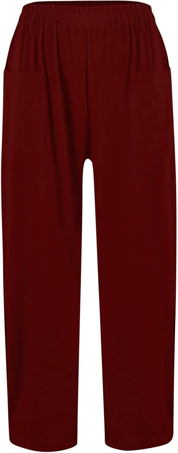 Linen Pants Women Casual Summer Wide Leg Pants High Waisted Trousers Lightweight Palazzo Pant with Pockets (S-2Xl)