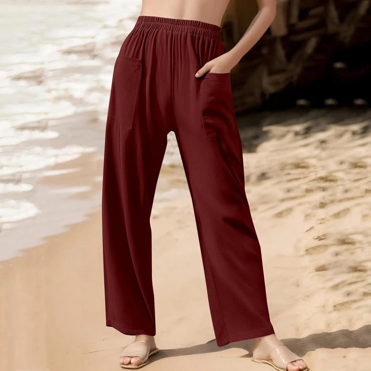 Linen Pants Women Casual Summer Wide Leg Pants High Waisted Trousers Lightweight Palazzo Pant with Pockets (S-2Xl)
