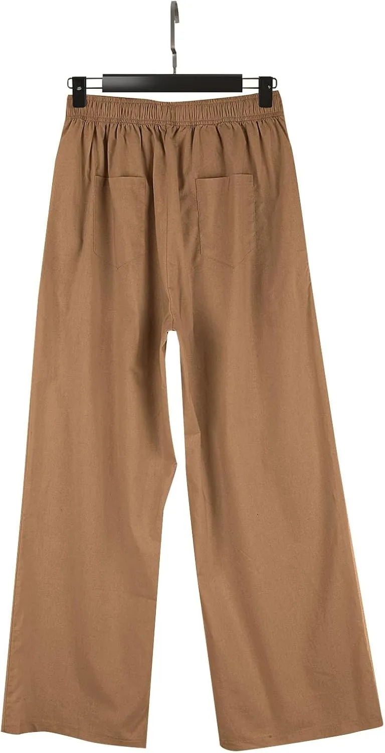 Linen Pants Women Comfy Flowy Wide Leg Pants Summer Baggy High Waisted Palazzo Beach Pants Trousers with Pockets