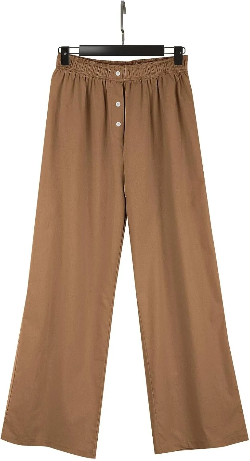 Linen Pants Women Comfy Flowy Wide Leg Pants Summer Baggy High Waisted Palazzo Beach Pants Trousers with Pockets