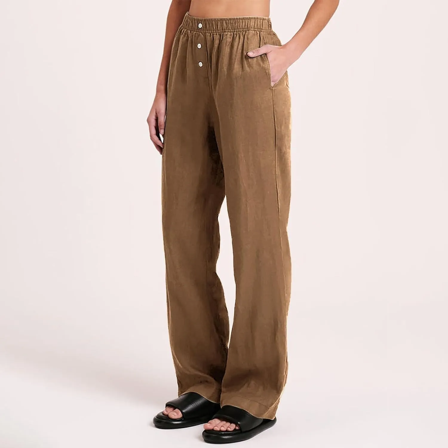 Linen Pants Women Comfy Flowy Wide Leg Pants Summer Baggy High Waisted Palazzo Beach Pants Trousers with Pockets