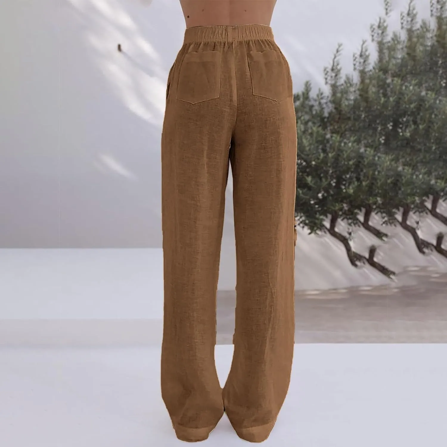 Linen Pants Women Comfy Flowy Wide Leg Pants Summer Baggy High Waisted Palazzo Beach Pants Trousers with Pockets