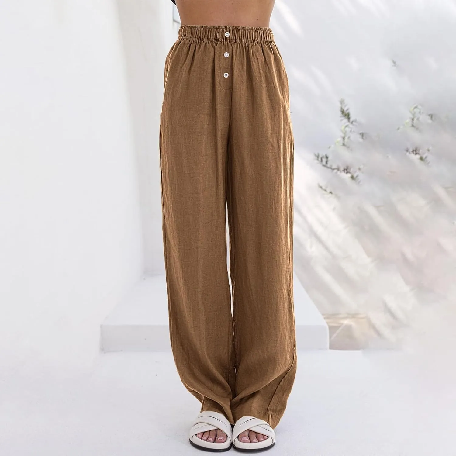 Linen Pants Women Comfy Flowy Wide Leg Pants Summer Baggy High Waisted Palazzo Beach Pants Trousers with Pockets