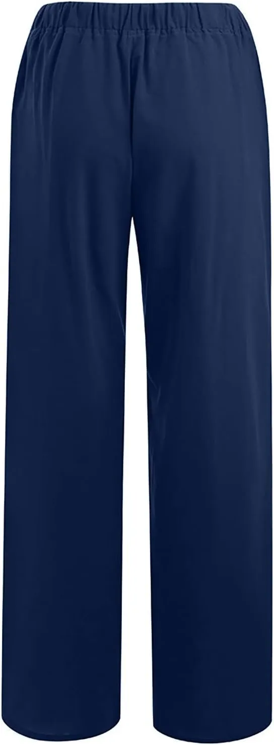 Linen Pants Women Comfy Flowy Wide Leg Pants Trousers Summer High Waisted Beach Palazzo Pants with Pockets 2024