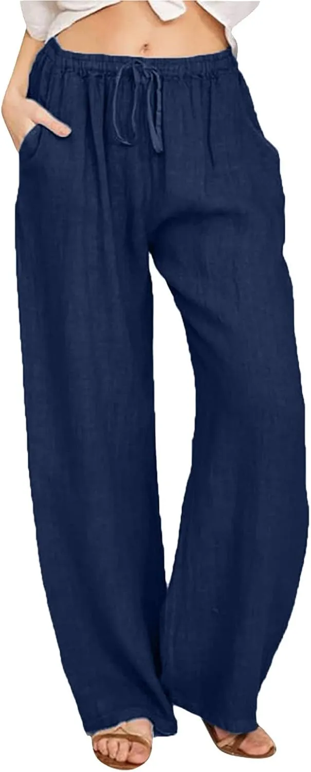 Linen Pants Women Comfy Flowy Wide Leg Pants Trousers Summer High Waisted Beach Palazzo Pants with Pockets 2024