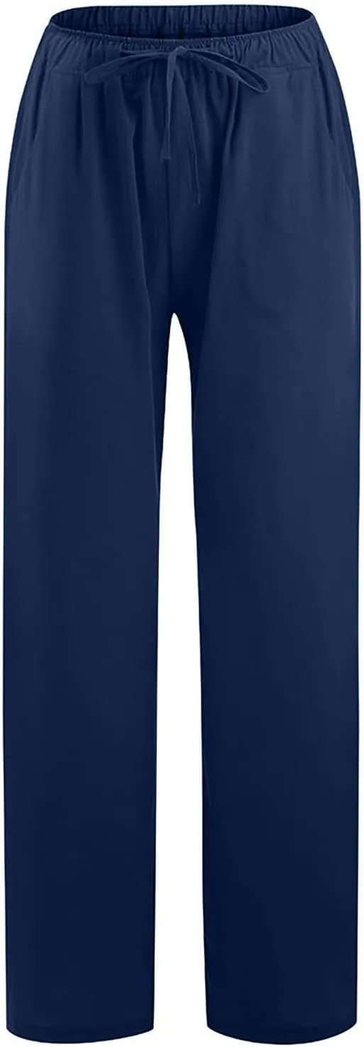 Linen Pants Women Comfy Flowy Wide Leg Pants Trousers Summer High Waisted Beach Palazzo Pants with Pockets 2024