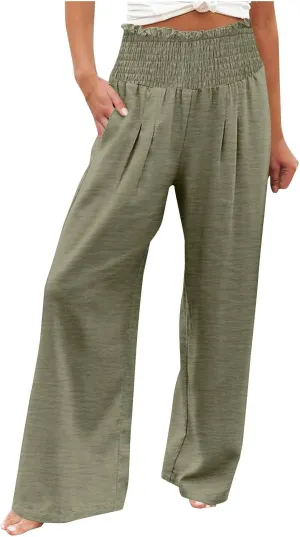 Linen Pants Women Drawstring Waist Wide Leg Linen Pants High Waist Summer Casual Pants Pockets Vacation Beach Trousers