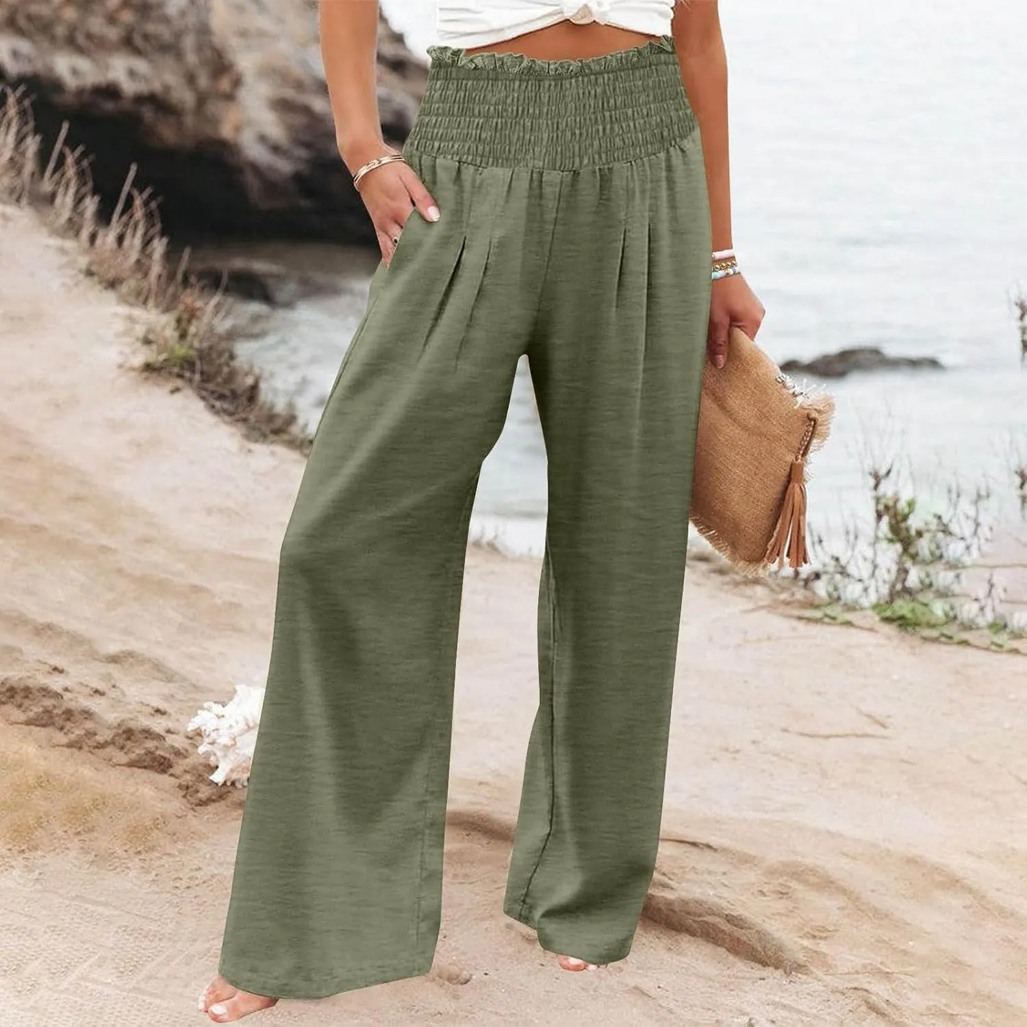 Linen Pants Women Drawstring Waist Wide Leg Linen Pants High Waist Summer Casual Pants Pockets Vacation Beach Trousers