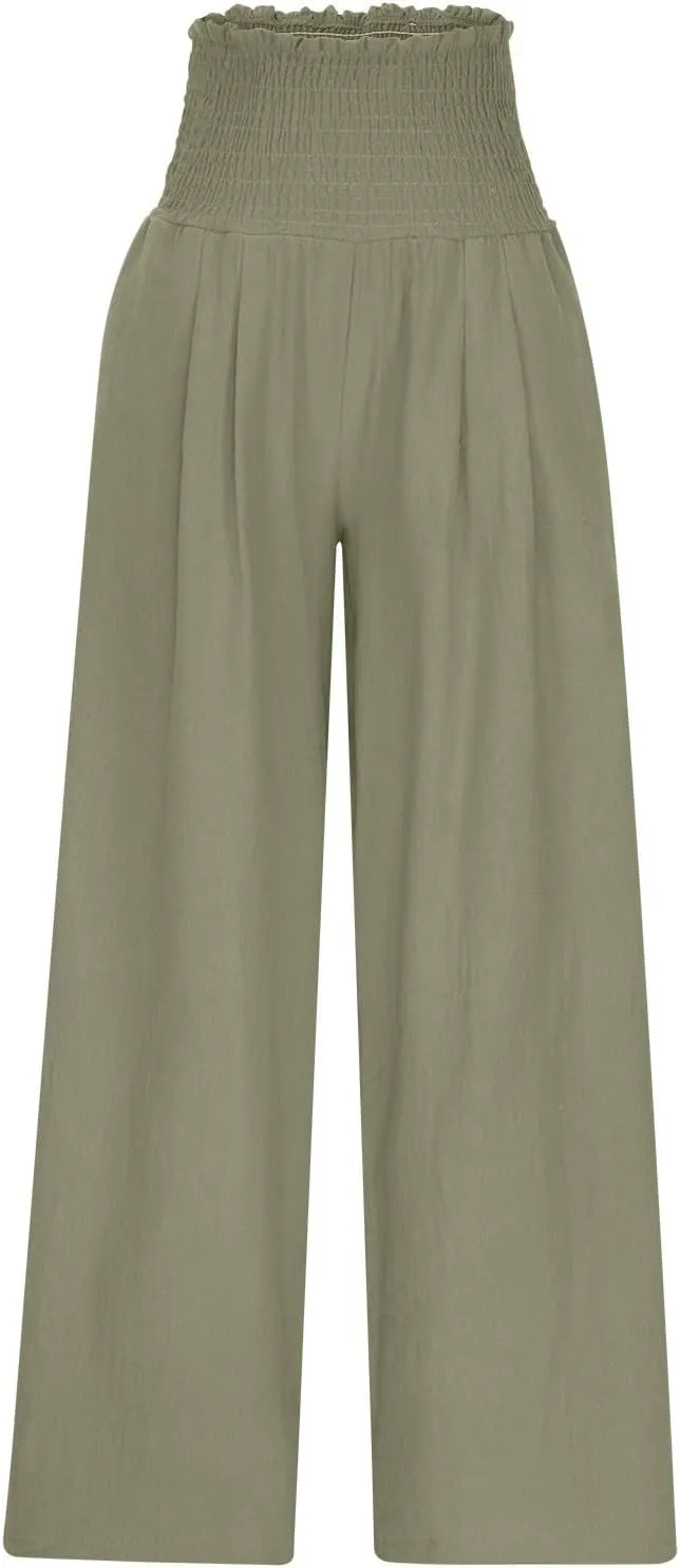 Linen Pants Women Drawstring Waist Wide Leg Linen Pants High Waist Summer Casual Pants Pockets Vacation Beach Trousers