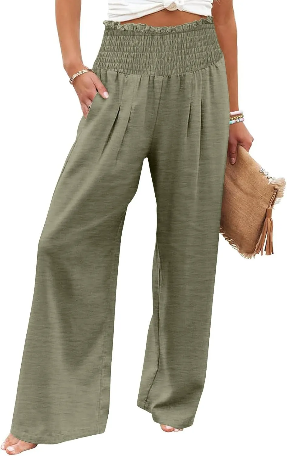 Linen Pants Women Drawstring Waist Wide Leg Linen Pants High Waist Summer Casual Pants Pockets Vacation Beach Trousers