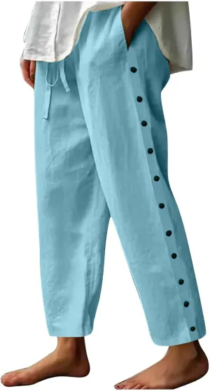 Linen Pants Women Elastic High Waisted Drawstring Beach Pant Casual Loose Side Button Wide Leg Trousers with Pocket