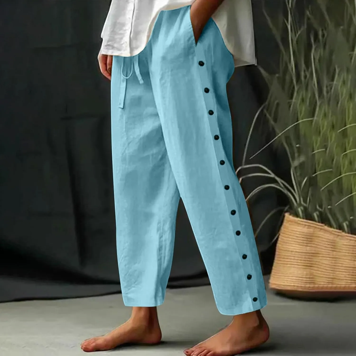 Linen Pants Women Elastic High Waisted Drawstring Beach Pant Casual Loose Side Button Wide Leg Trousers with Pocket