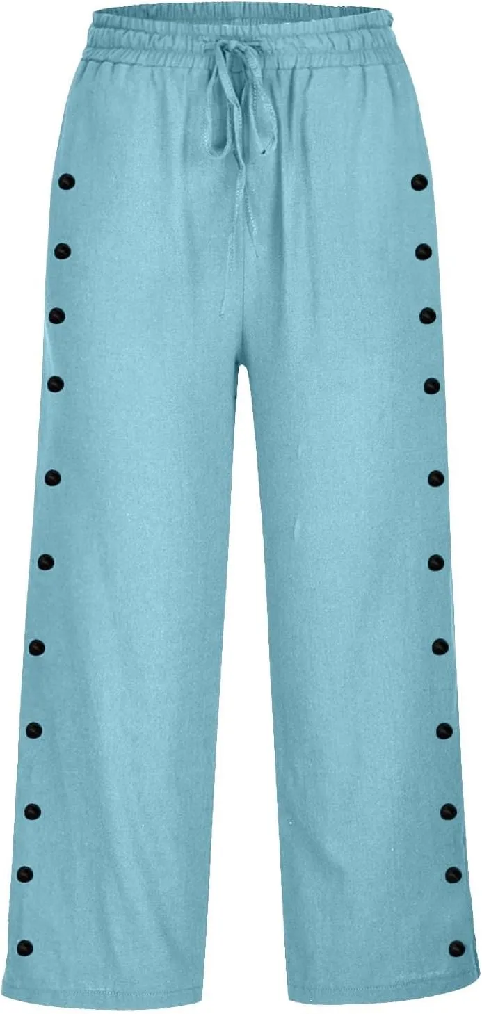 Linen Pants Women Elastic High Waisted Drawstring Beach Pant Casual Loose Side Button Wide Leg Trousers with Pocket