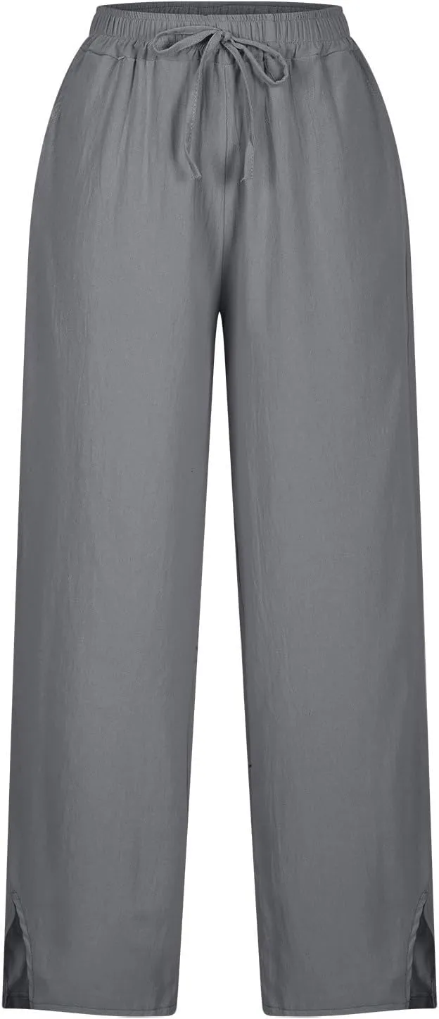 Linen Pants Women High Waist Drawstring Trousers Straight Leg Pants Side Slit Elastic Waist Slacks with Pockets
