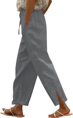 Linen Pants Women High Waist Drawstring Trousers Straight Leg Pants Side Slit Elastic Waist Slacks with Pockets