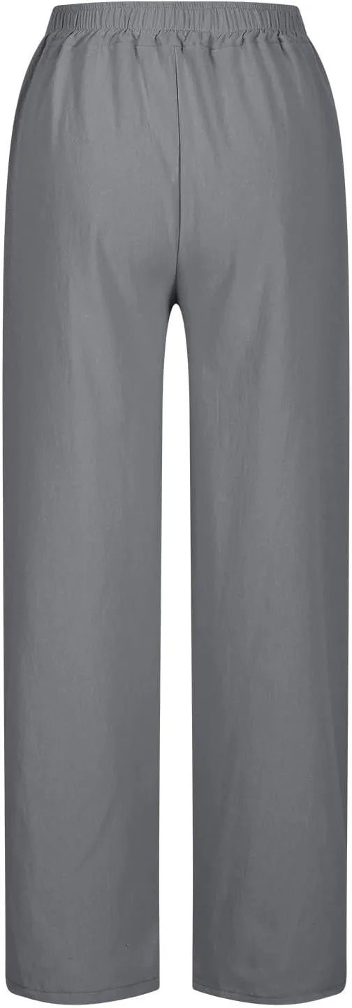 Linen Pants Women High Waist Drawstring Trousers Straight Leg Pants Side Slit Elastic Waist Slacks with Pockets