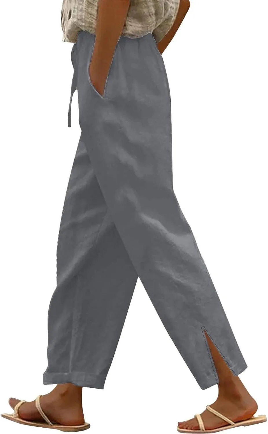 Linen Pants Women High Waist Drawstring Trousers Straight Leg Pants Side Slit Elastic Waist Slacks with Pockets