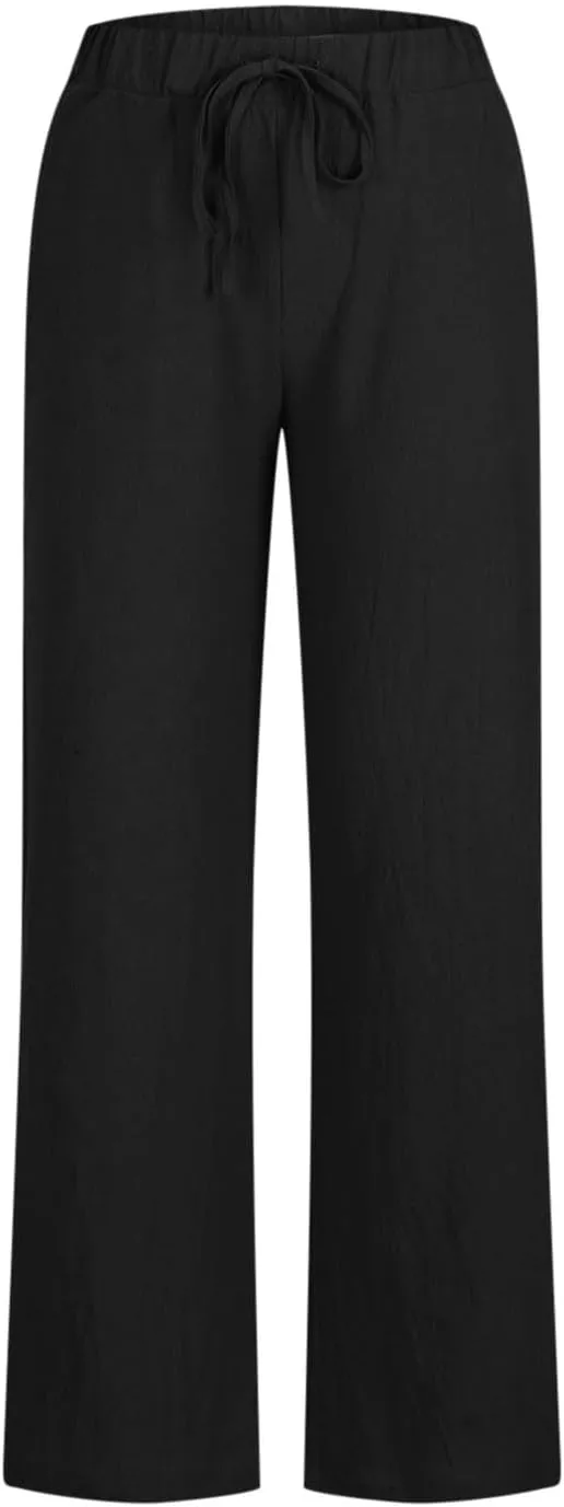 Linen Pants Women Lightweight Wide Leg Pants Loose Fit Drawstring High Waist Straight Trousers with Pockets Summer