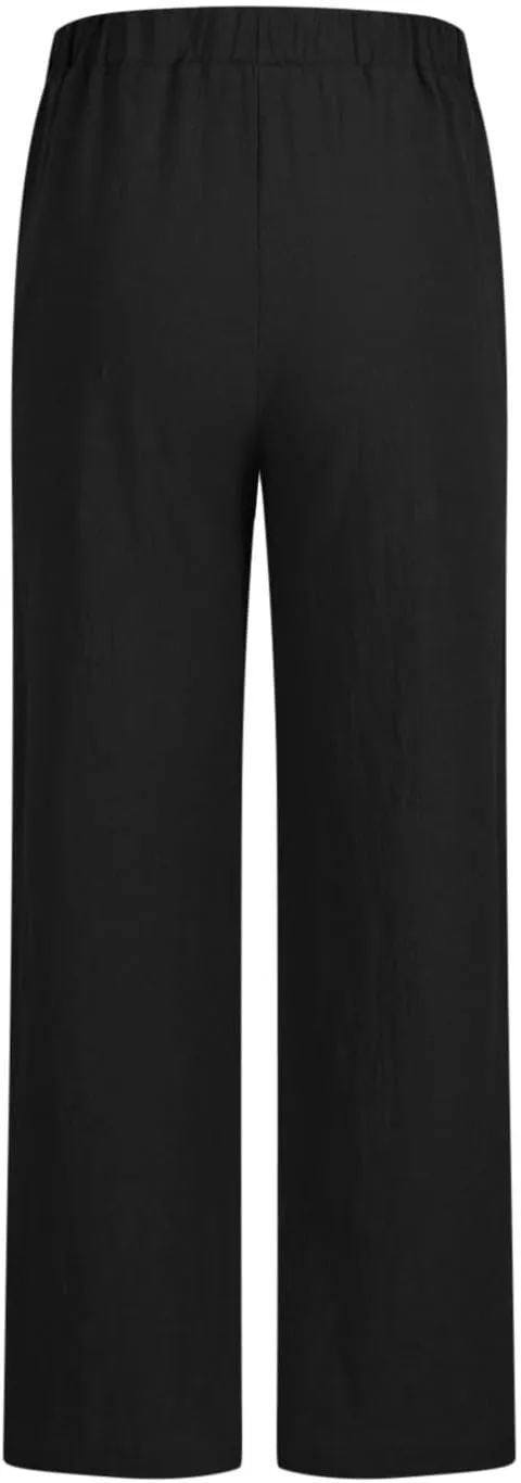 Linen Pants Women Lightweight Wide Leg Pants Loose Fit Drawstring High Waist Straight Trousers with Pockets Summer
