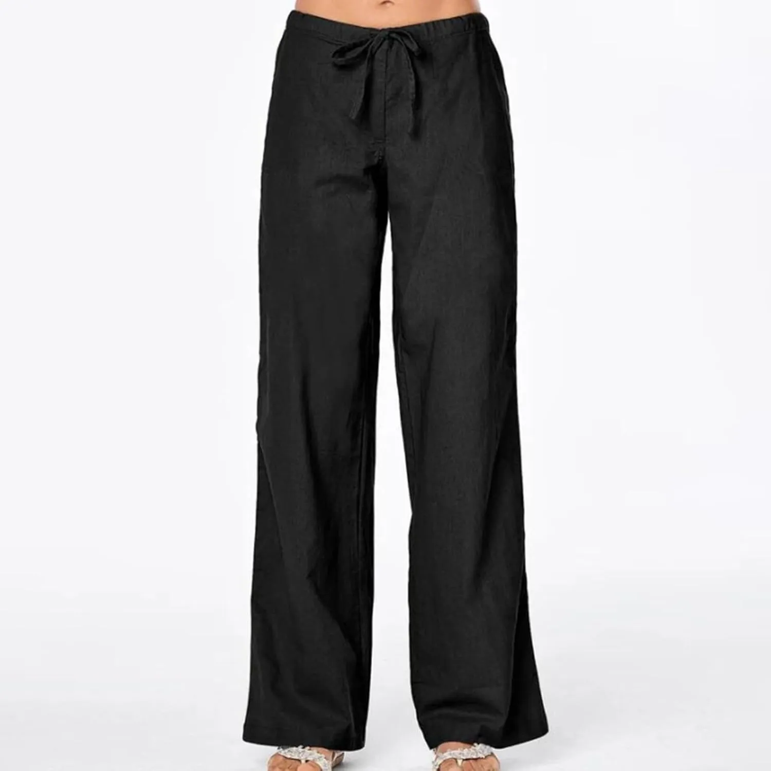 Linen Pants Women Lightweight Wide Leg Pants Loose Fit Drawstring High Waist Straight Trousers with Pockets Summer