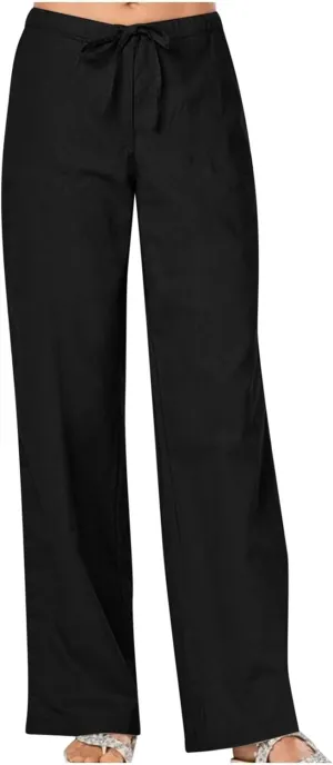 Linen Pants Women Lightweight Wide Leg Pants Loose Fit Drawstring High Waist Straight Trousers with Pockets Summer
