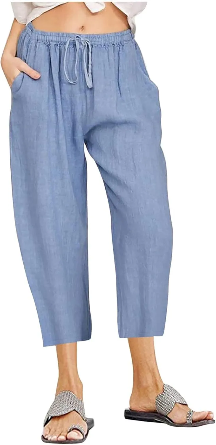 Linen Pants Women Petite Length Womens Linen Pants Casual Straight Fit Elastic Waisted Drawsting Trousers Pockets